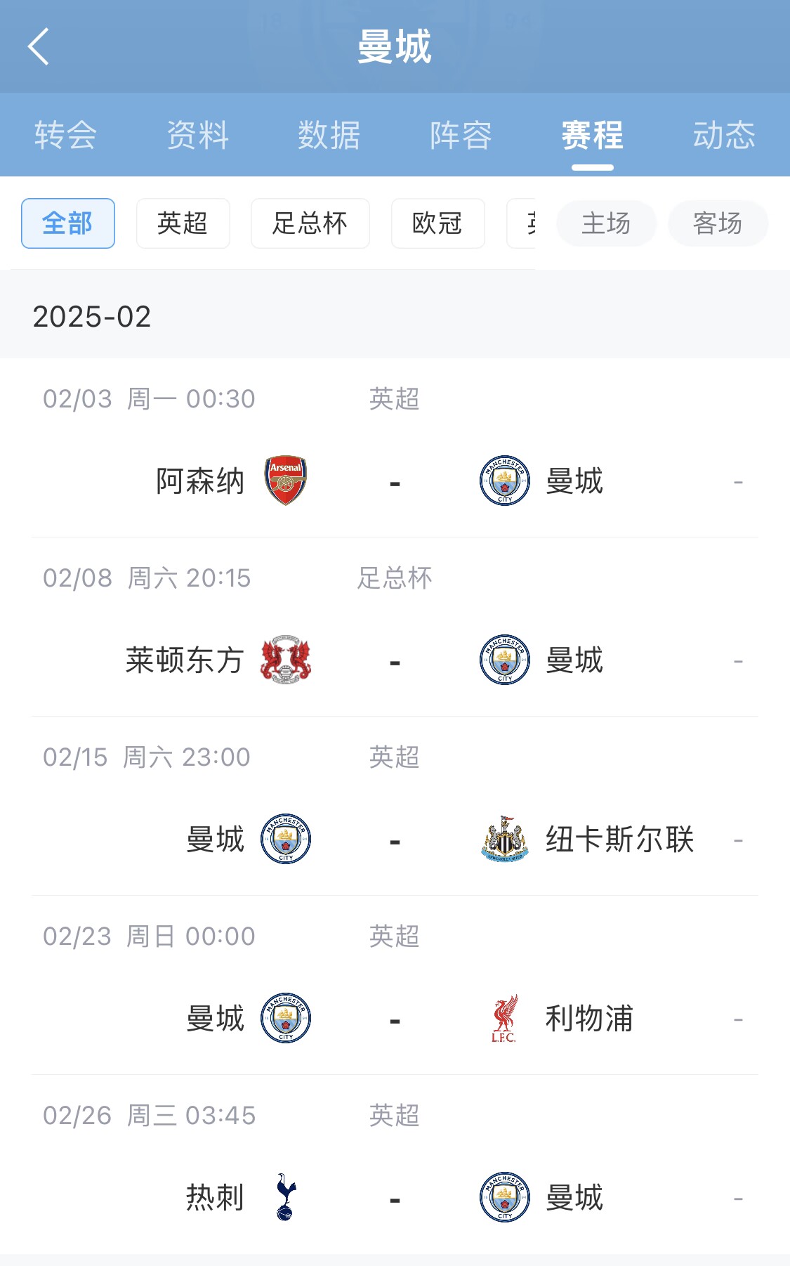 瑟瑟发抖！曼城2月将对枪手纽卡红军热刺+2场欧冠附加赛对皇/仁